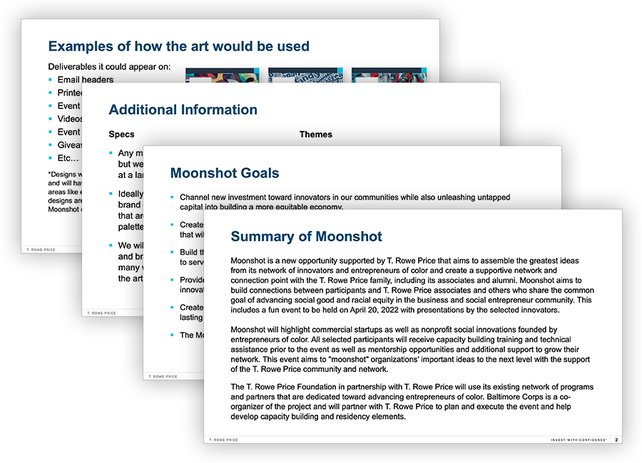A collection of the infomational slides we provided to the artist.